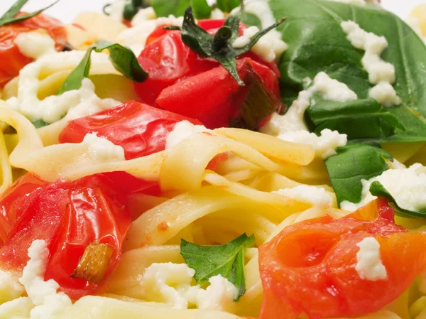 Fettucini med tomater och mozarella — Stockfoto