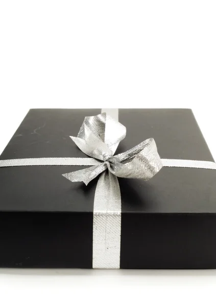 Black Gift with Silver Ribbon — Stock Photo, Image