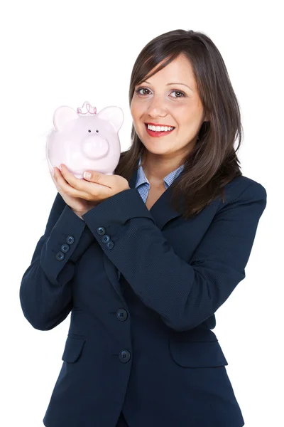 Zakenvrouw houden varken geld-box — Stockfoto