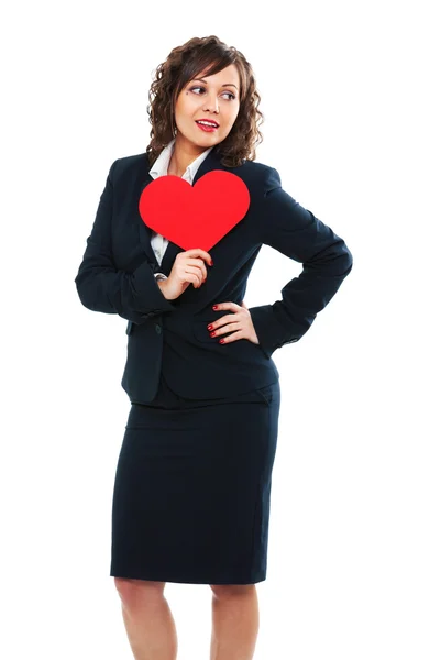 Empresária segurando coração papel vermelho — Fotografia de Stock