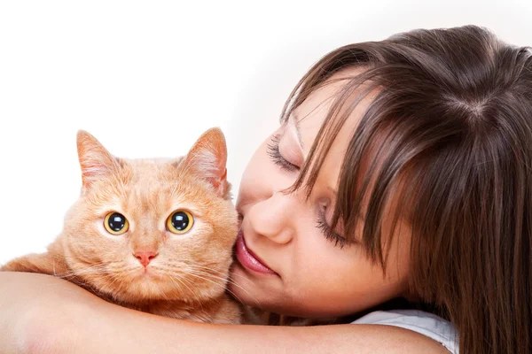 Woman with redhaired domestic  cat — Stock Photo, Image