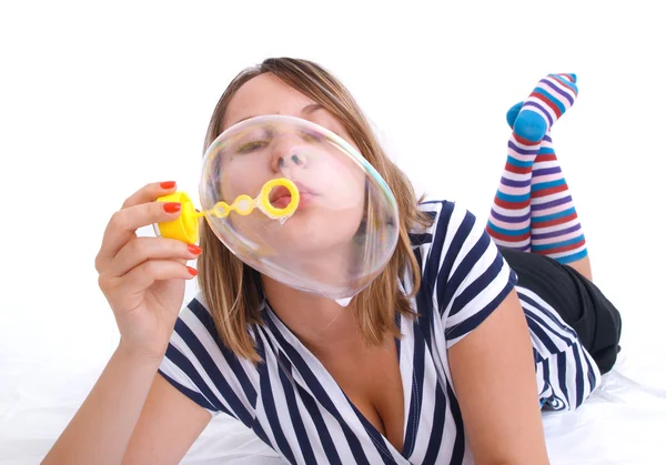 Woman Blowing bubbles — Stock Photo, Image