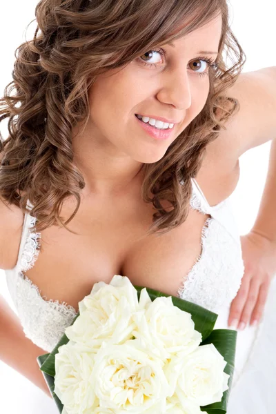 年轻的新娘婚礼的花束与 — 图库照片