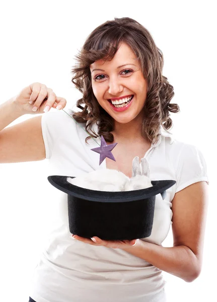 Magician with rabbit in magic hat — Stock Photo, Image