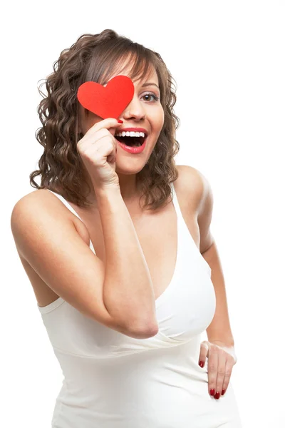 Woman holding red paper heart — Stock Photo, Image