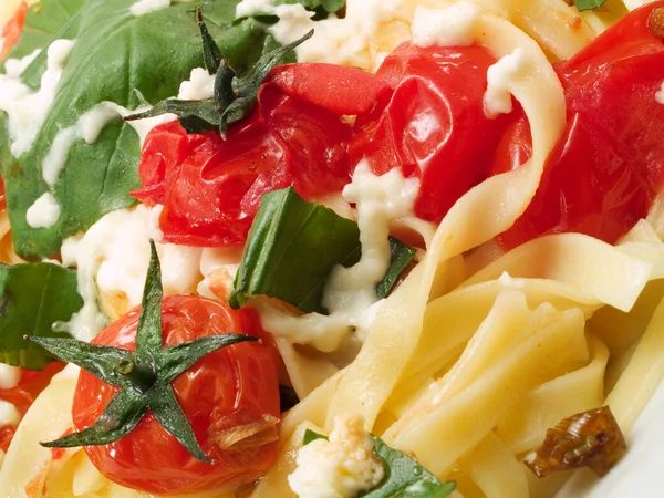 Fettucini med tomater, basilika och mozzarella — Stockfoto