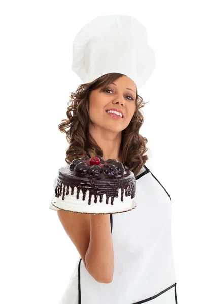 Chef-kok met chocolade cake — Stockfoto