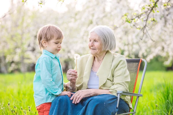 Little boy blowing dandelion seeds — Stock Photo, Image