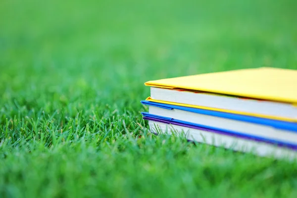 Pilha de três livros sobre grama verde — Fotografia de Stock