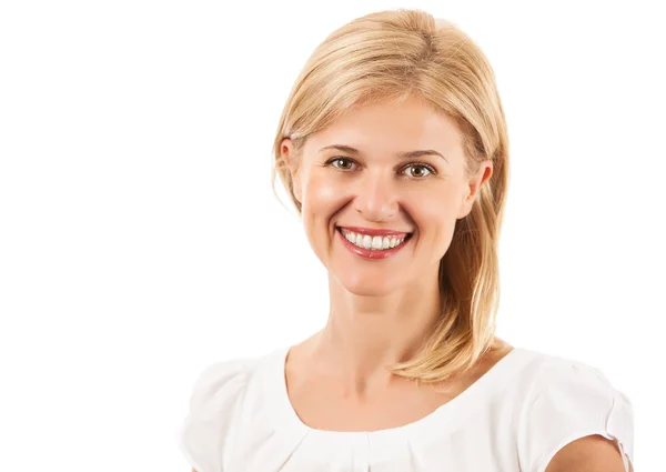 Feliz joven mujer sonriendo sobre blanco —  Fotos de Stock