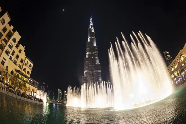 Fuente de Dubai y Burj Khalifa — Foto de Stock