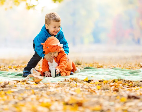 Brothers playing in autumn park — Stock Photo, Image