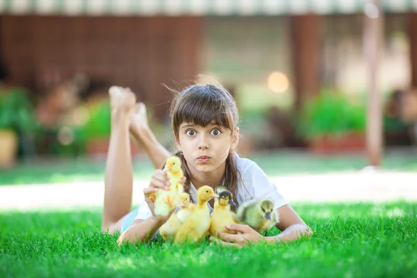 Kız holding ördek yavrusu — Stok fotoğraf