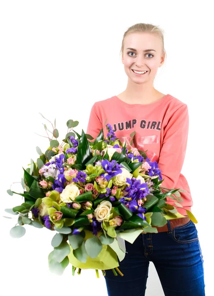 Junge schöne Frau mit einem Strauß von Farbe, isoliert auf — Stockfoto