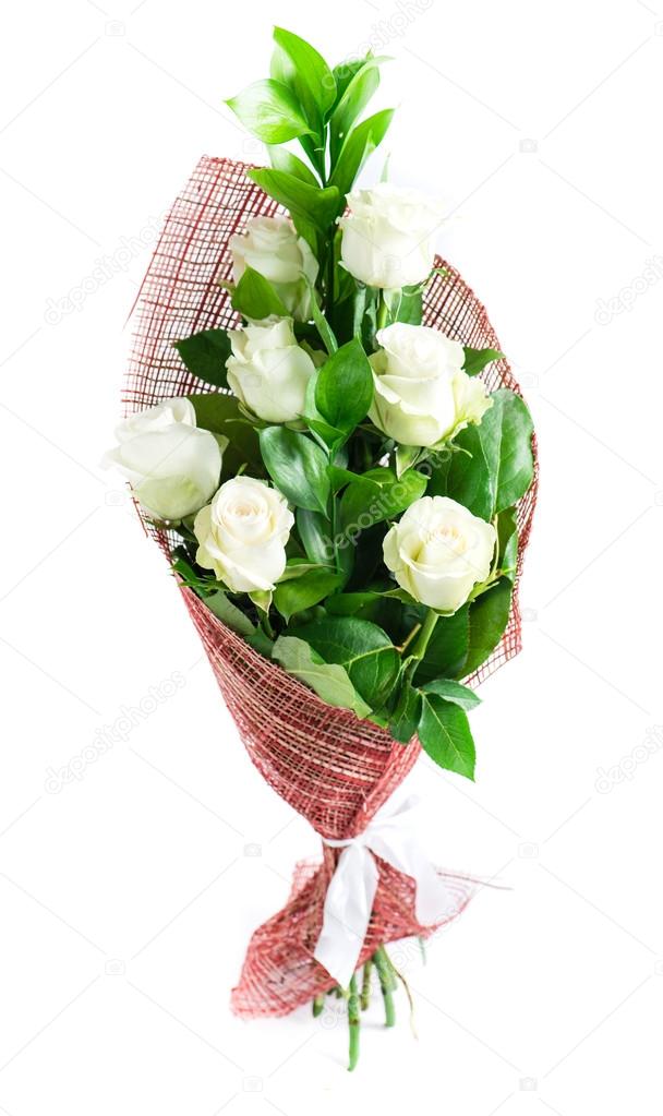 bouquet of white roses in packaging, isolated on white backgroun