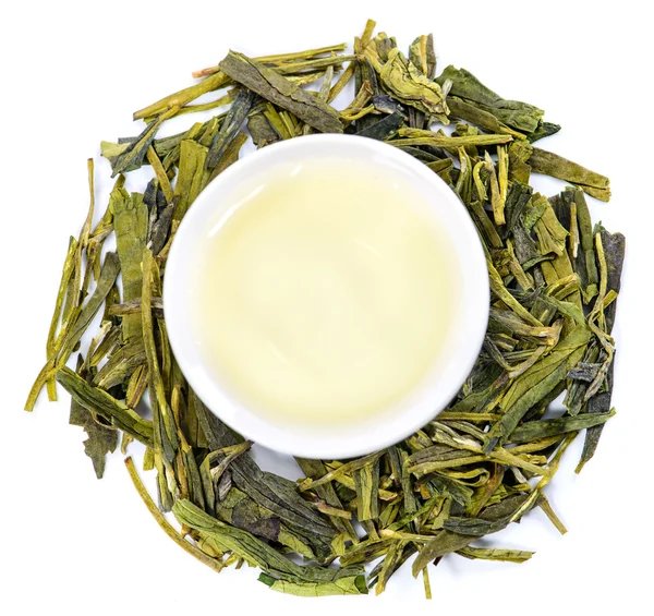 Παραδοσιακό πράσινο τσάι Lung Ching, γκρο πλαν, ρηχά Dof. — Φωτογραφία Αρχείου