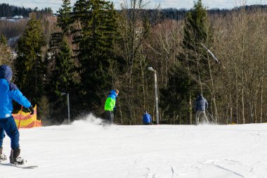 snowboard dağın içinde bir orman gezintisi