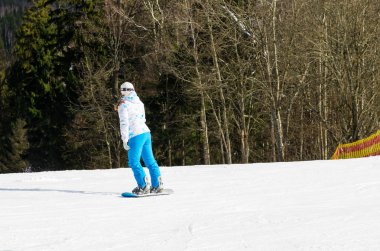snowboard dağın içinde bir orman gezintisi