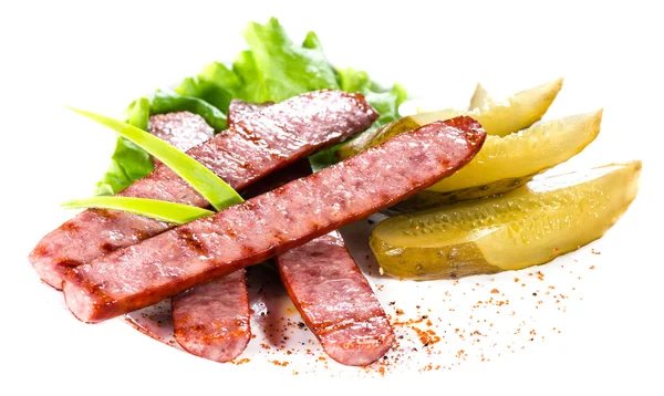 Fried sausages with a vegetable side dish and sauce, Isolated on — Stock Photo, Image