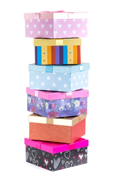 Pila de cajas de regalo con lazo de cinta — Foto de Stock