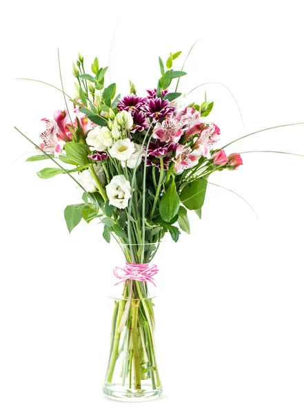 Bouquet of alstroemeria, chrysanthemum and eustoma in a vase iso — Stock Photo, Image