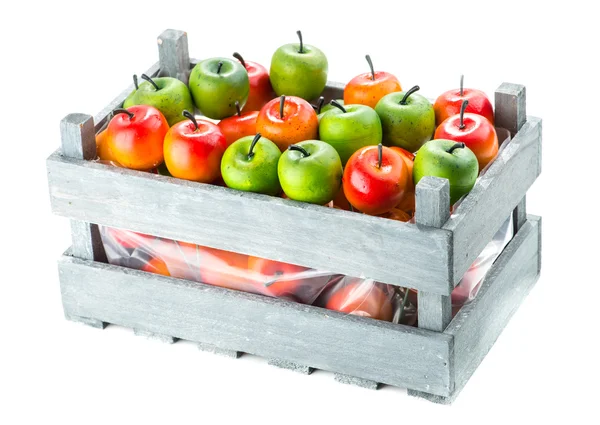 Wooden crate with apple, isolated on white background — Stock Photo, Image