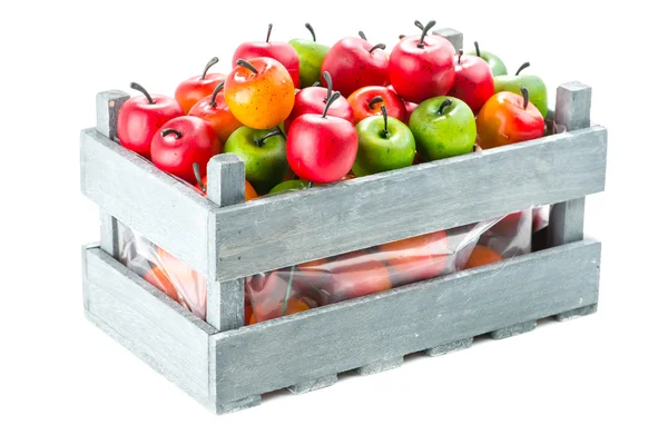 Wooden crate with apple, isolated on white background — Stock Photo, Image