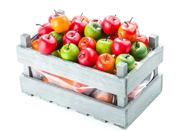 Apple in wooden crate, isolated on white background — Stock Photo, Image