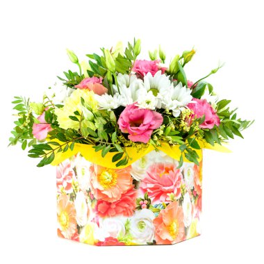 box composition with fresh flowers on a white background isolate clipart