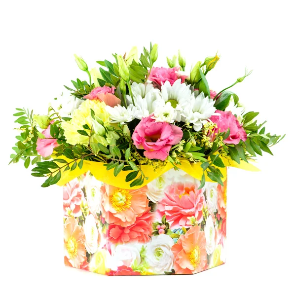 Box composition with fresh flowers on a white background isolate — Stock Photo, Image