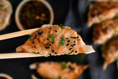 Geleneksel Asya tavası, sos soslu gyoza köftesi, japaneese gyoza köftesi et ve mantarlı çubuk