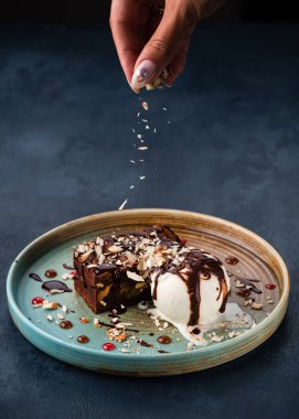 Vanilyalı çikolatalı kek ve çikolata sosu, çikolatalı kek ve tabakta dondurma.