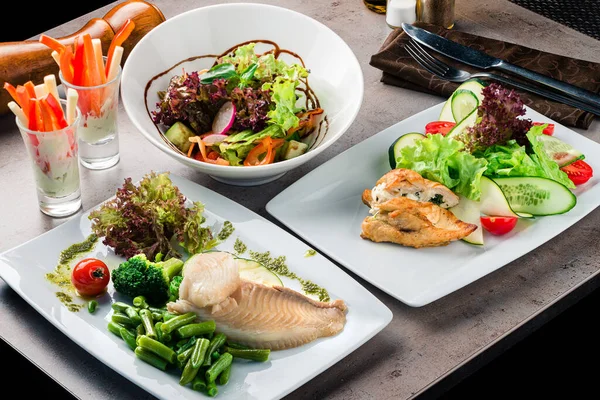 Conjunto Pratos Dieta Variedade Comida Estabeleceu Almoço Prato Dieta Uma — Fotografia de Stock