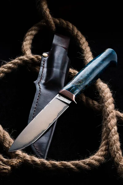 Cuchillo Combate Hunter Hecho Mano Cuerda Cáñamo Hoja Tiene Hermoso — Foto de Stock