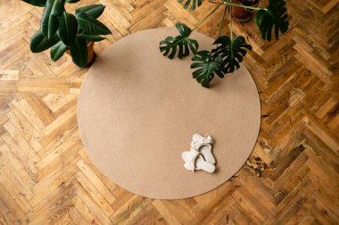 Jute Twine round Mat rug eco style with green plant. Knitted at home decoration concept. round brown natural linen bed mat near green potted plants clipart