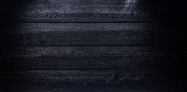 kömürleşmiş günlük arkaplan dokusu. Yanmış ahşap doku, yanmış sert ahşap yüzey. Arka planda sigara içilen tahta panorama afişi. Ateş üstüne siyah kömür dokusu