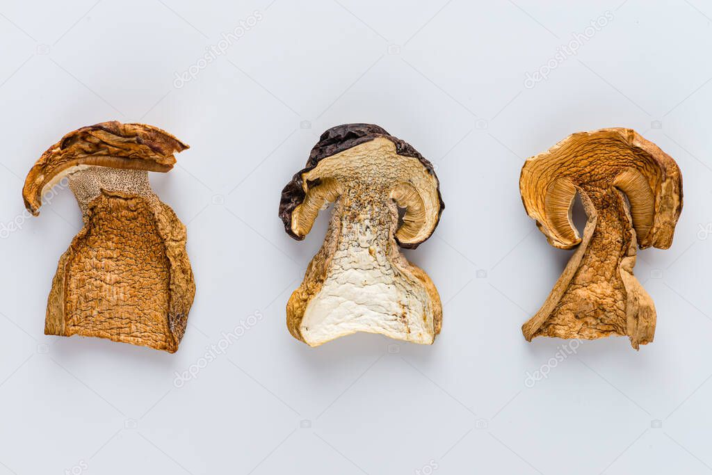 Dried slices of porcini mushrooms, Edible dried mushrooms set on white background, chopped brown cap boletus, sliced penny bun, pieces of cep, porcino or porcini