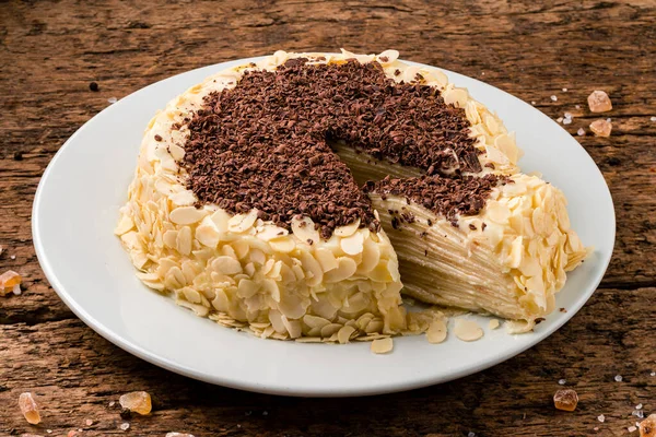 Slice Chocolate Cottage Cheese Crepe Cake Maslenitsa Thin Pancake Cake — Stock Photo, Image