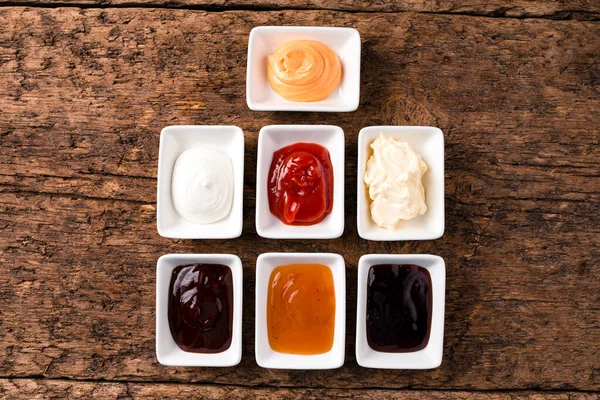 Conjunto Diferentes Molhos Ketchup Maionese Churrasco Soja Teriyaki Mostarda Adzhika — Fotografia de Stock