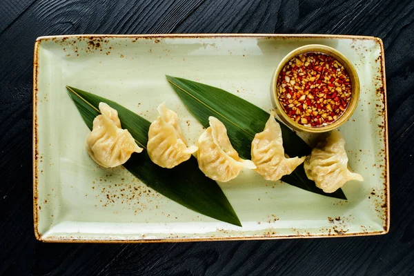 Assiette Verre Avec Dim Sums Décor Rustique Bois Boulettes Dim — Photo