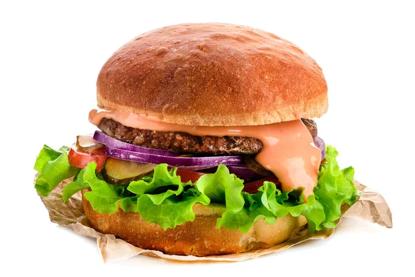 牛肉汉堡白色背景 汉堡包分离于白色 单一新鲜经典汉堡包 — 图库照片