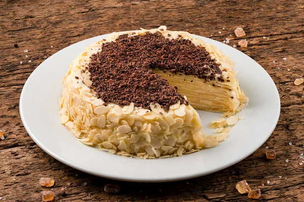 Slice of Chocolate and Cottage Cheese Crepe Cake, Maslenitsa — Stock Photo, Image