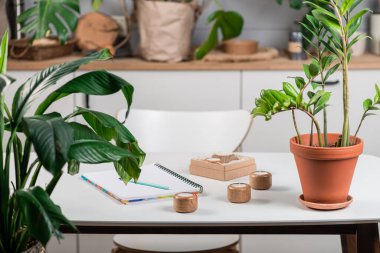 Masanın üzerinde bir fincan kahve ve not ile açılmış boş bir defter. Bir kupa kahveyle çalışma alanı, demlik ve defter kaplama kağıt ofis masası, yazım konsepti, iç tasarım