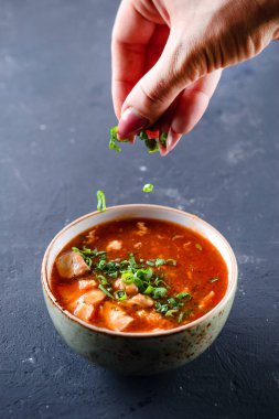 Asya 'da ünlü bir yemek domates ve tavuk çorbası, tavuklu domates çorbası ve yumurta.