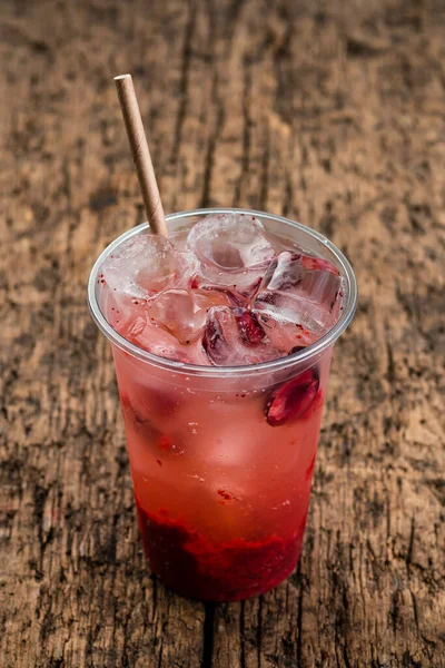 Cold Summer Lemonade Cherries Plastic Glass Take Away Street Food — Stock Photo, Image