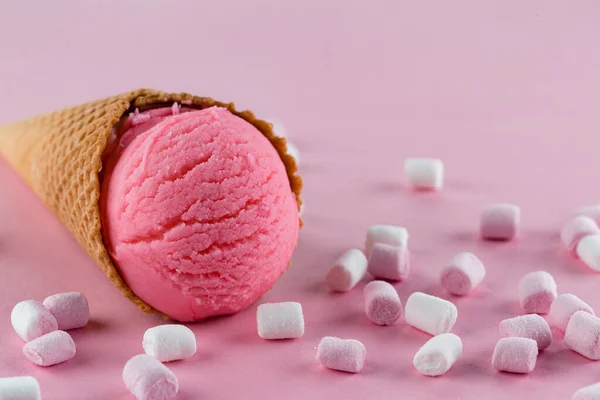 Pink Strawberry Ice Cream Marshmallows Waffle Cone Pink Background Raspberry — Stock Photo, Image