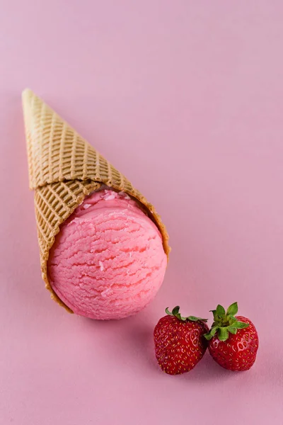 Strawberry Ice Cream Waffle Cone Pink Background — Stock Photo, Image