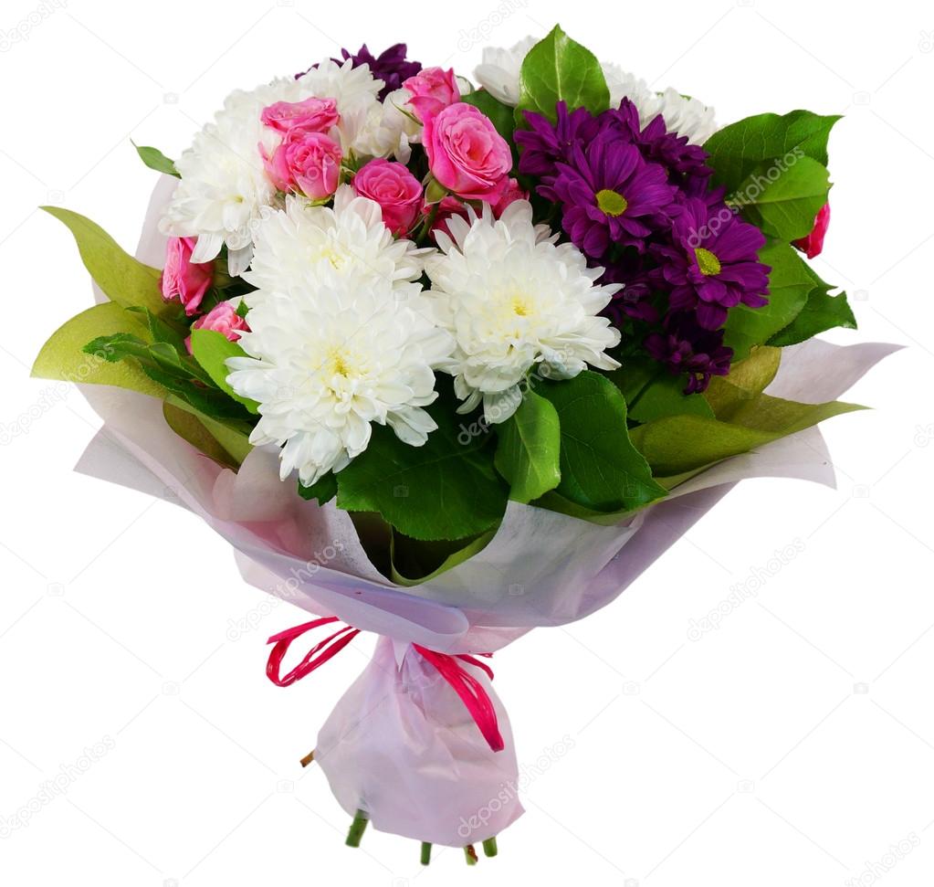Bouquet of chrysanthemums and shrub rose in package