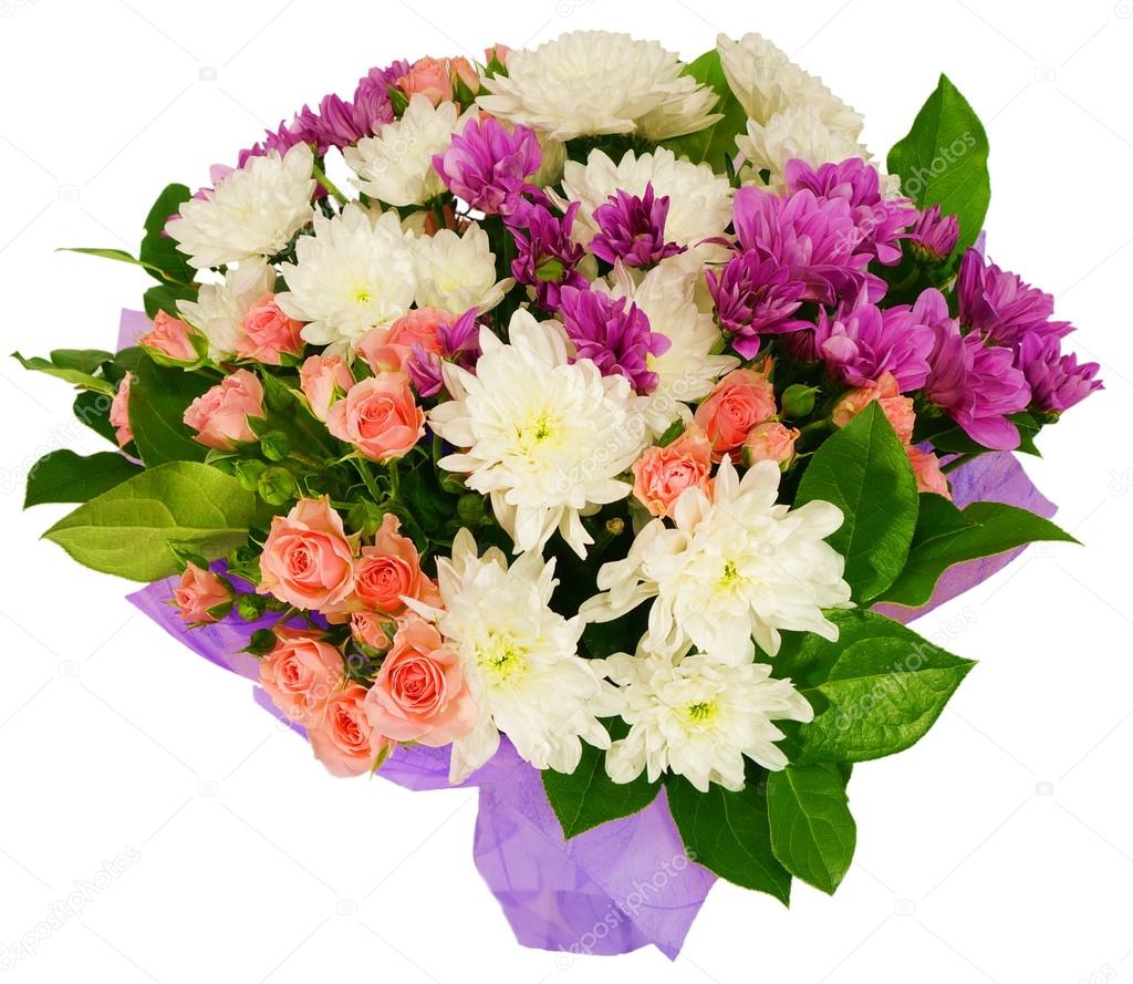 Bouquet of chrysanthemums and shrub rose in package