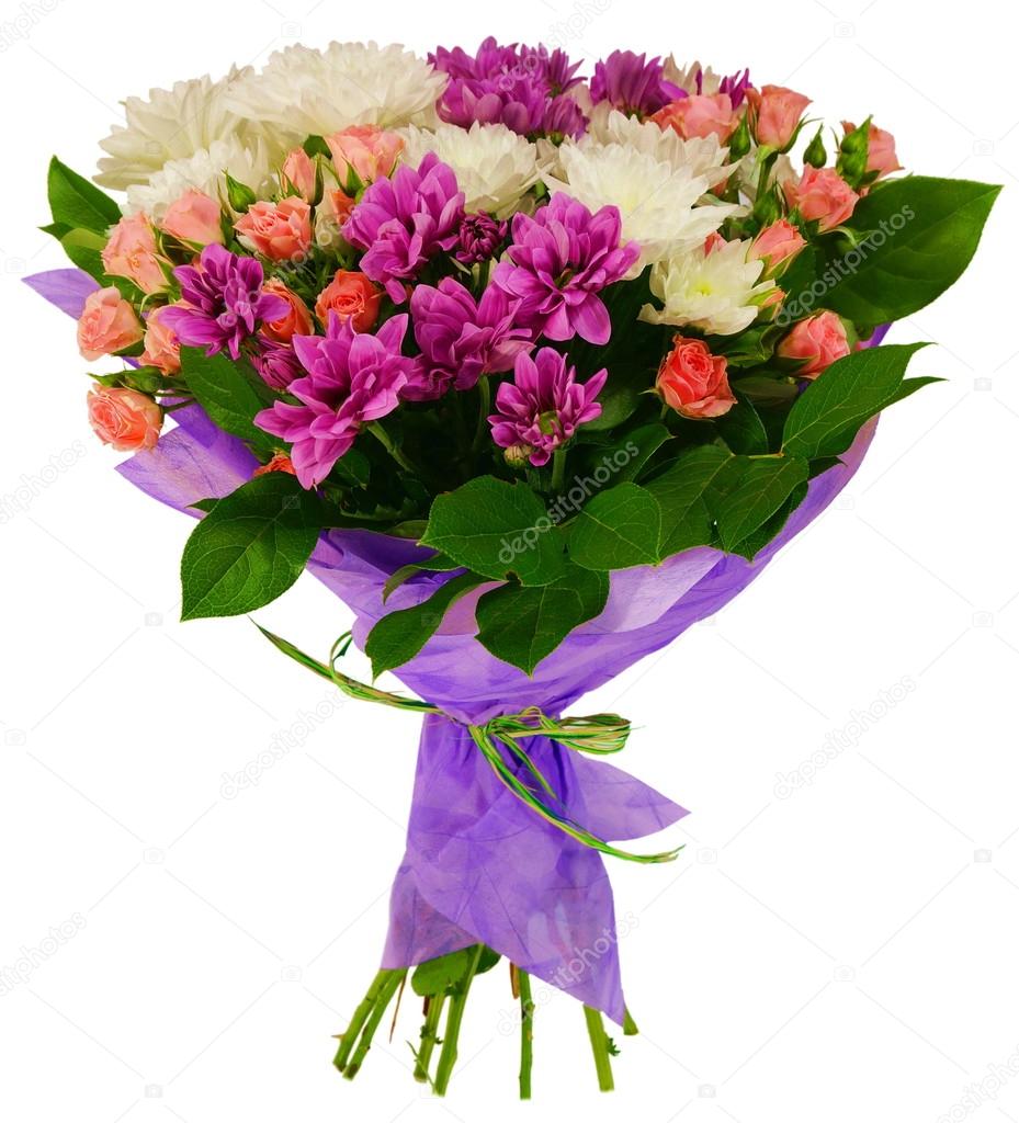 Bouquet of chrysanthemums and shrub rose in package